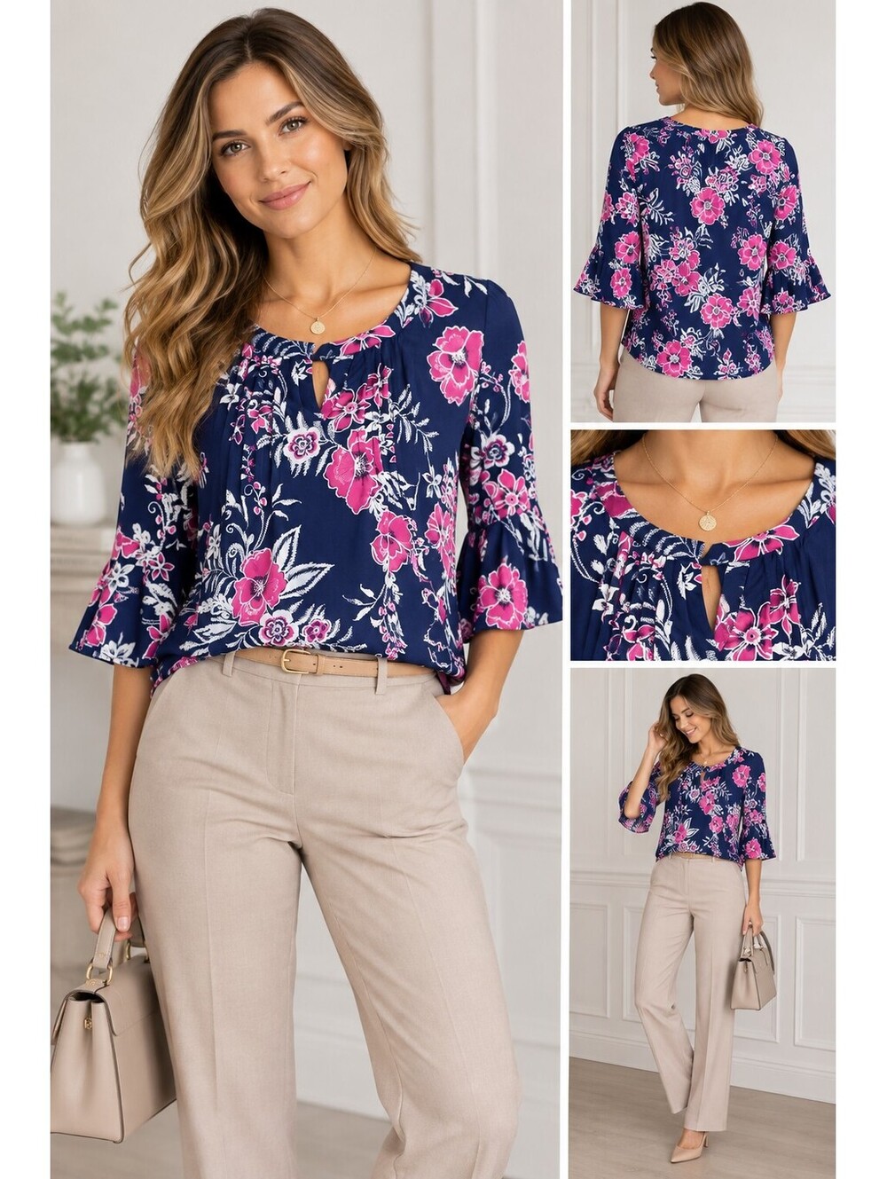 PerSeption Concept Women's Navy Blue Floral 3/4 Sleeve Blouse Size S